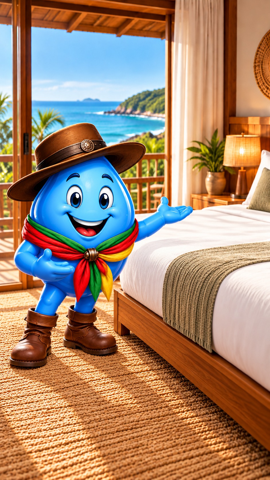 Mascote Tchê Clean em ambiente limpo