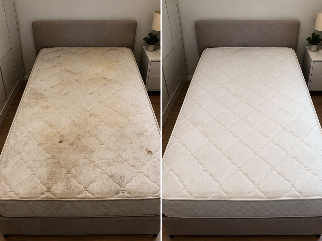 Antes e depois de higienização de colchão solteiro