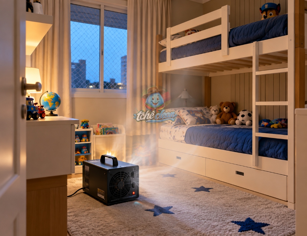 Ozonização em quarto infantil Tchê Clean contra ácaros e mofo