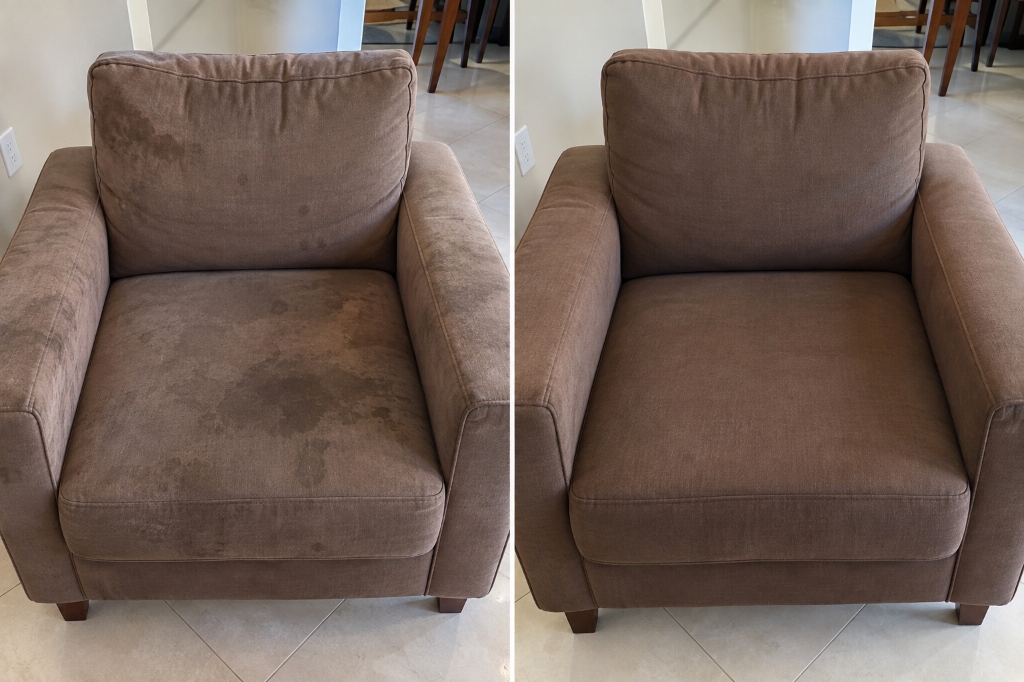 Antes e depois de limpeza de poltrona marrom
